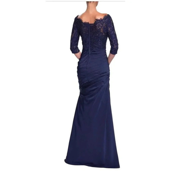 NEW La Femme 24926 Lace and Jersey Trumpet Gown Dress Navy Size 6 - Picture 4 of 13